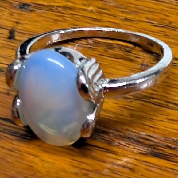 New Opalite Oval Cabochon Big Ring Plus Size 10.5 Blue SilverTone Statement Boho - Picture 2 of 11